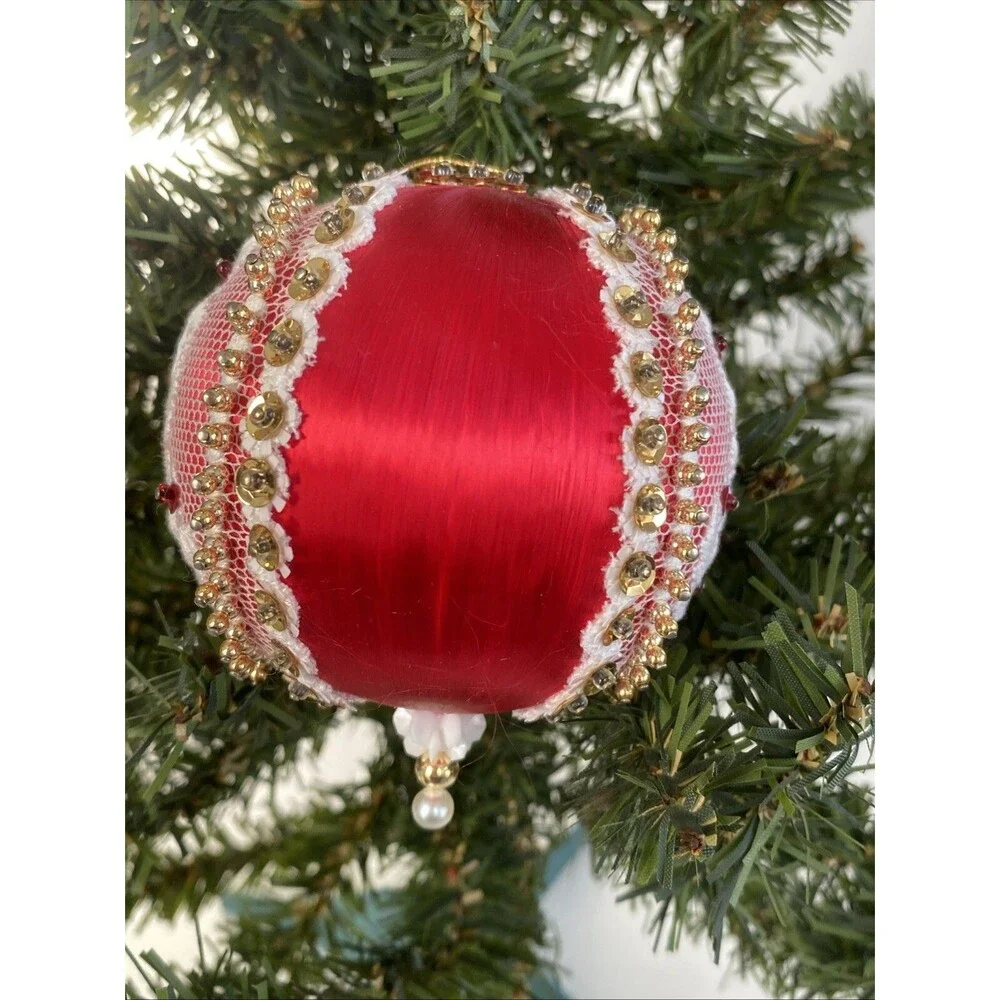 Red Satin Handmade Push Pin Christmas Ornament Lace Candle Scene Made by Van